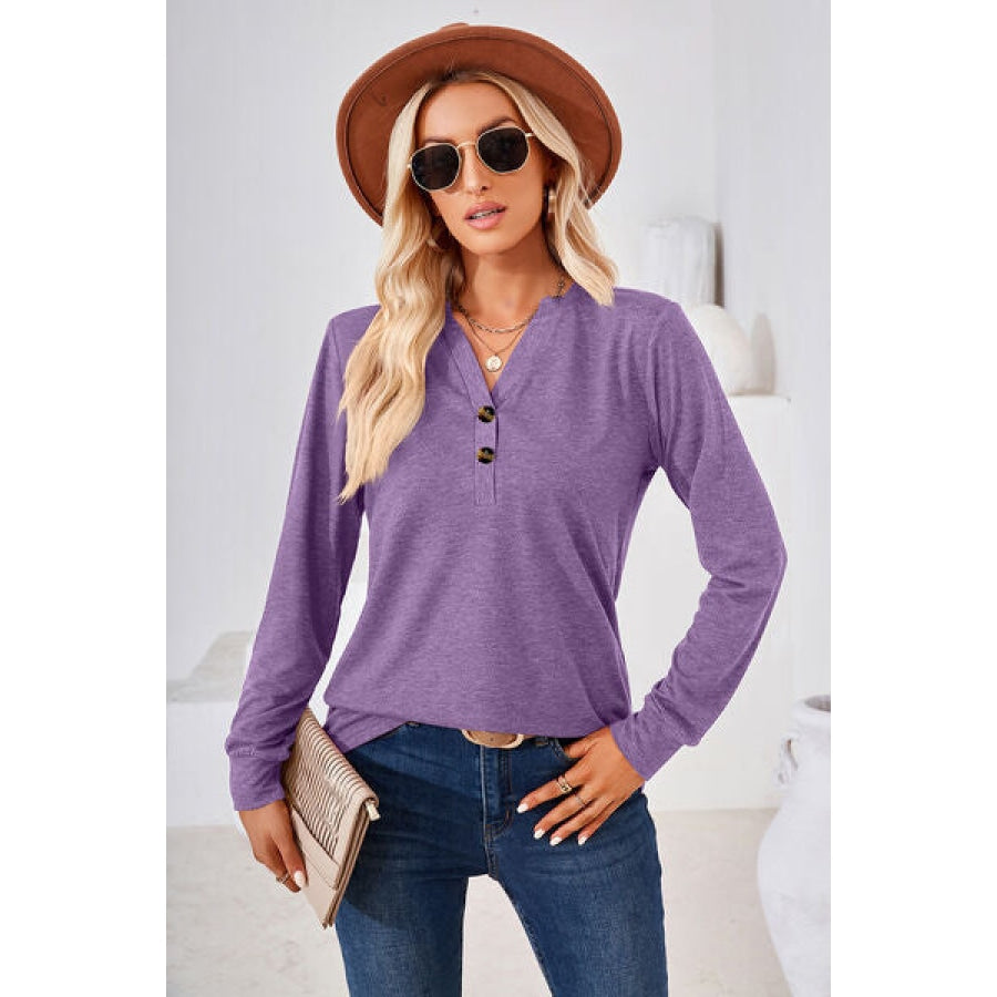 Notched Button Detail Long Sleeve T-Shirt Clothing