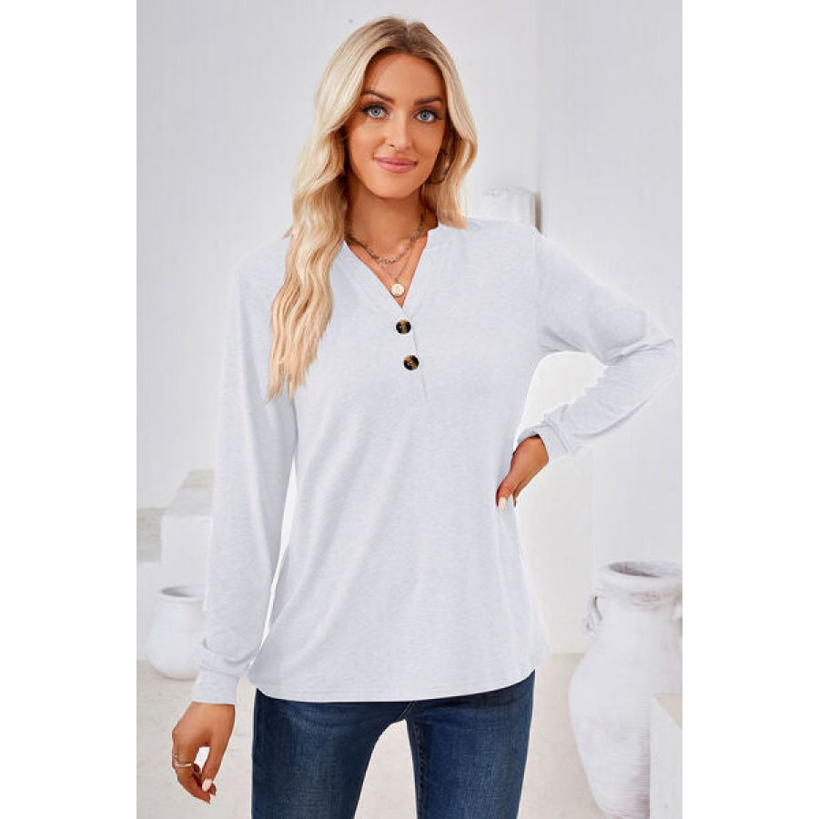 Notched Button Detail Long Sleeve T-Shirt Clothing