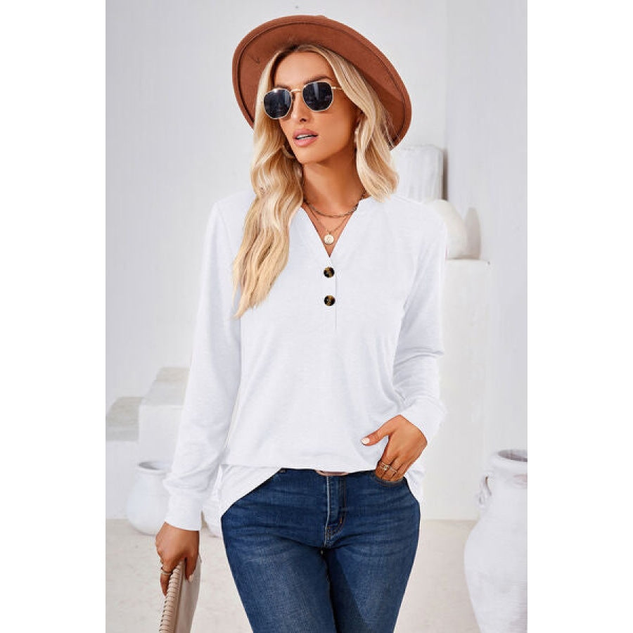 Notched Button Detail Long Sleeve T-Shirt Clothing