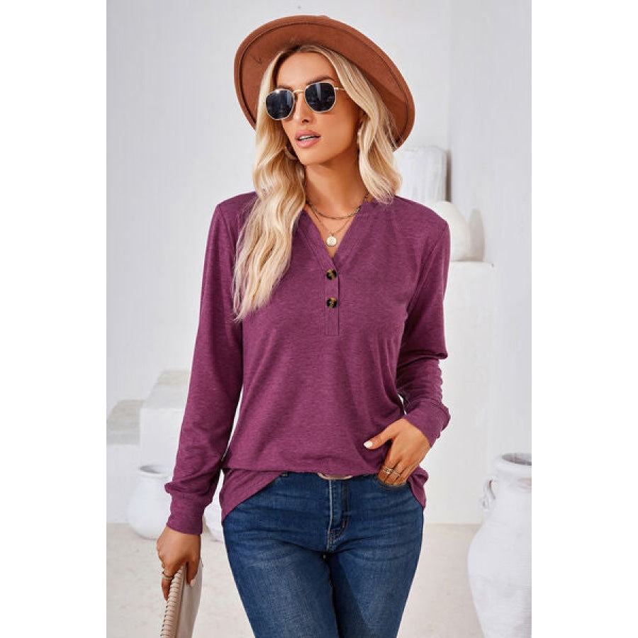 Notched Button Detail Long Sleeve T-Shirt Clothing