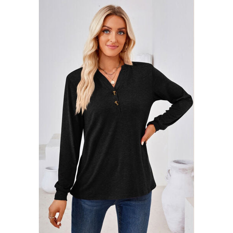 Notched Button Detail Long Sleeve T-Shirt Clothing