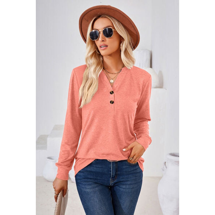 Notched Button Detail Long Sleeve T-Shirt Clothing