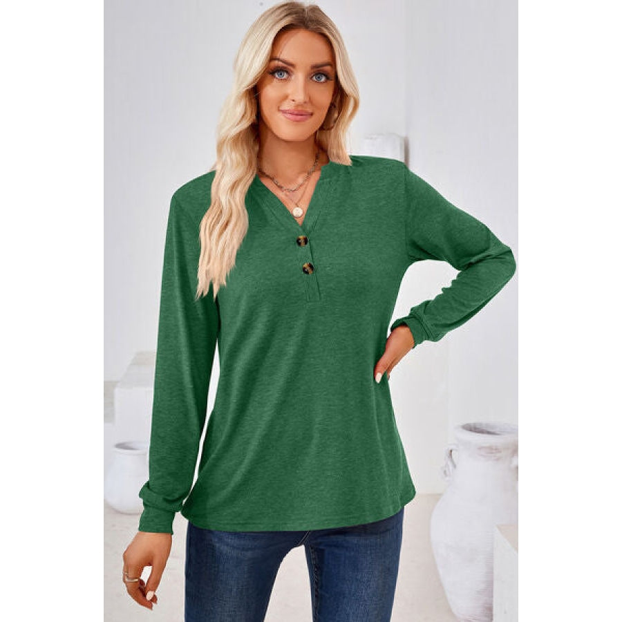 Notched Button Detail Long Sleeve T-Shirt Clothing