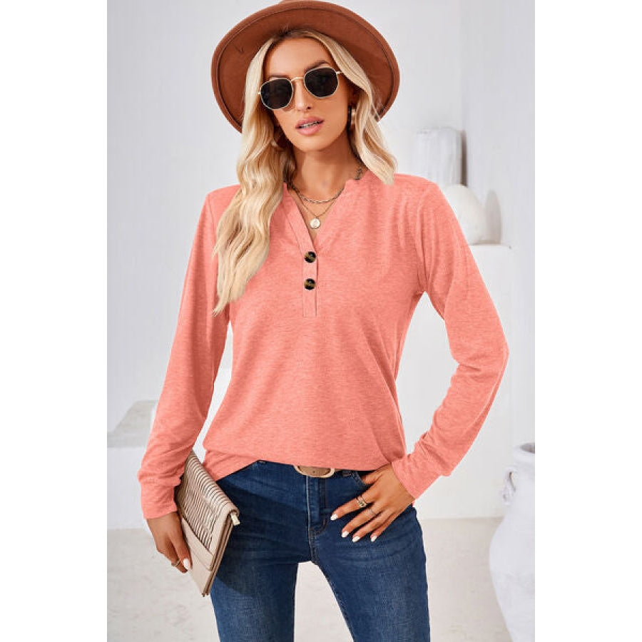 Notched Button Detail Long Sleeve T-Shirt Clothing