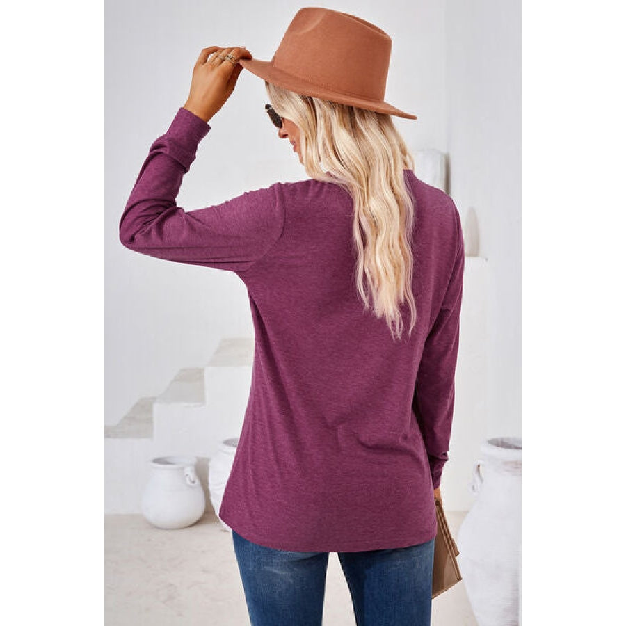 Notched Button Detail Long Sleeve T-Shirt Clothing