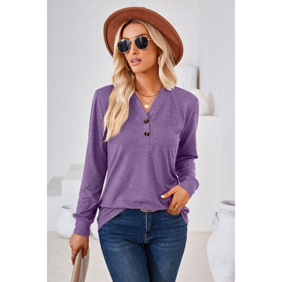 Notched Button Detail Long Sleeve T-Shirt Clothing