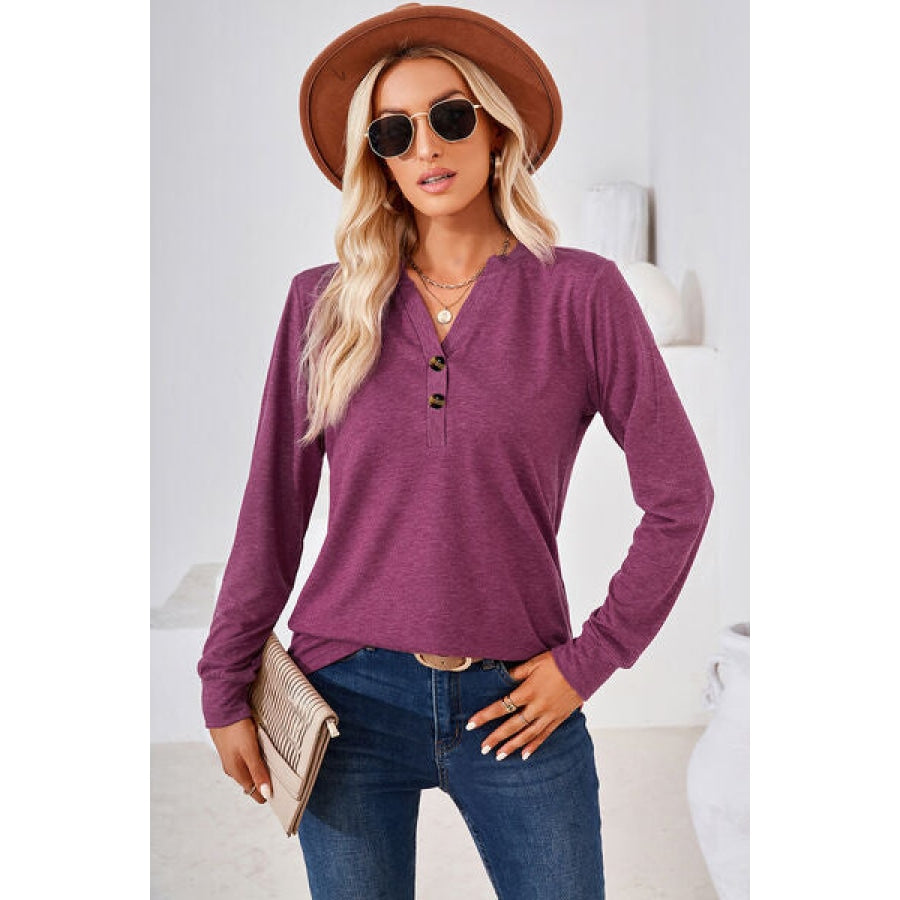 Notched Button Detail Long Sleeve T-Shirt Clothing