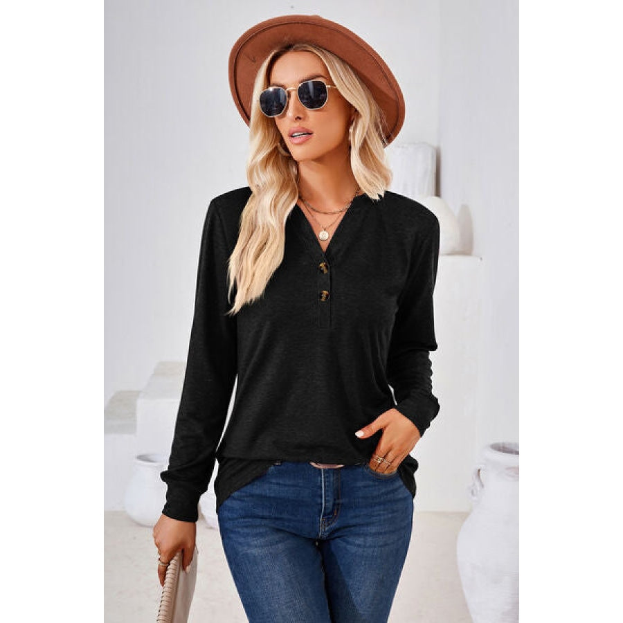 Notched Button Detail Long Sleeve T-Shirt Clothing