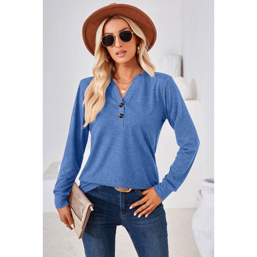 Notched Button Detail Long Sleeve T-Shirt Clothing