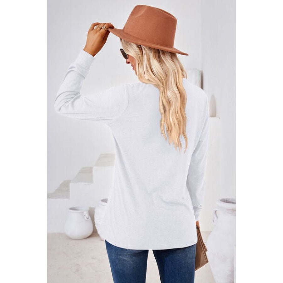 Notched Button Detail Long Sleeve T-Shirt White / S Clothing