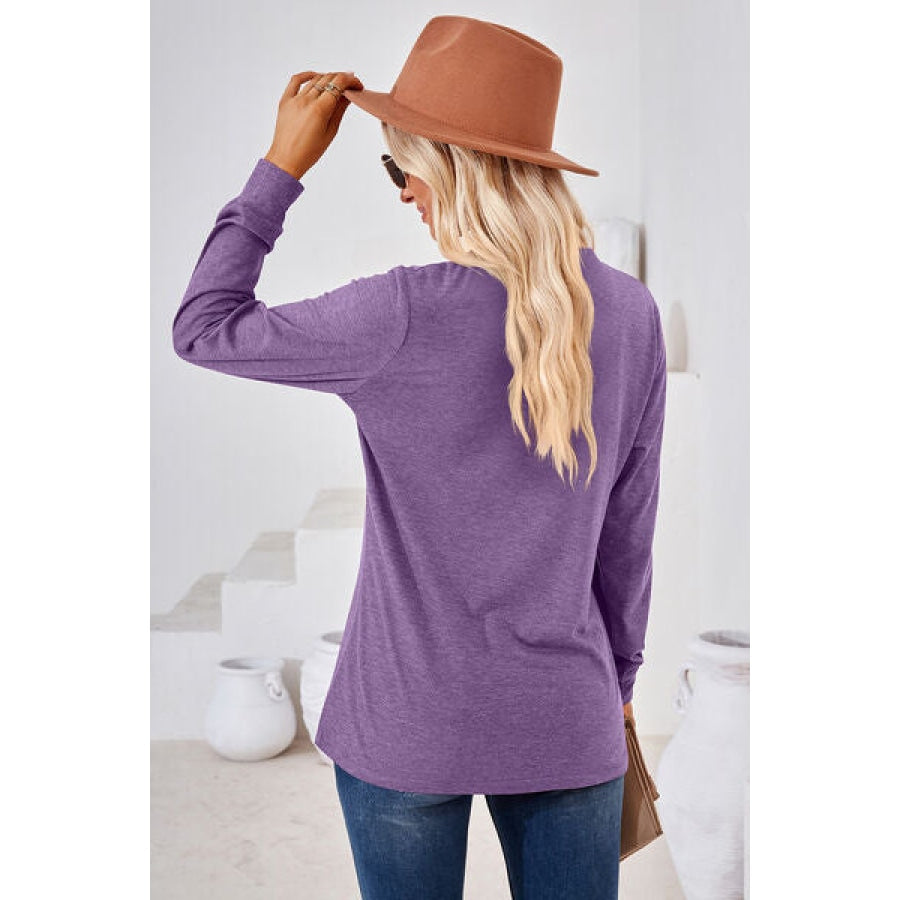 Notched Button Detail Long Sleeve T-Shirt Clothing