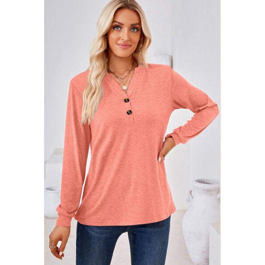 Notched Button Detail Long Sleeve T-Shirt Coral / S Clothing