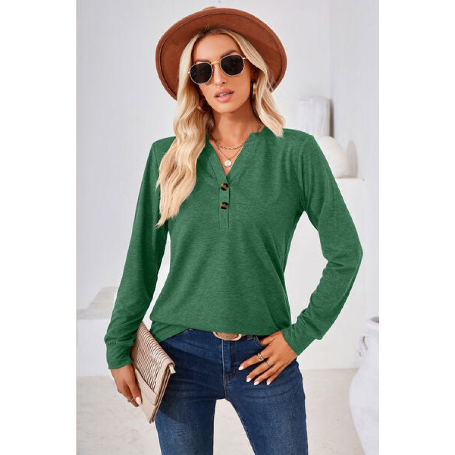 Notched Button Detail Long Sleeve T-Shirt Green / S Clothing