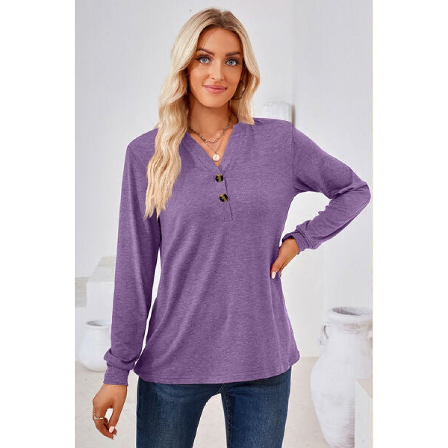 Notched Button Detail Long Sleeve T-Shirt Lavender / S Clothing