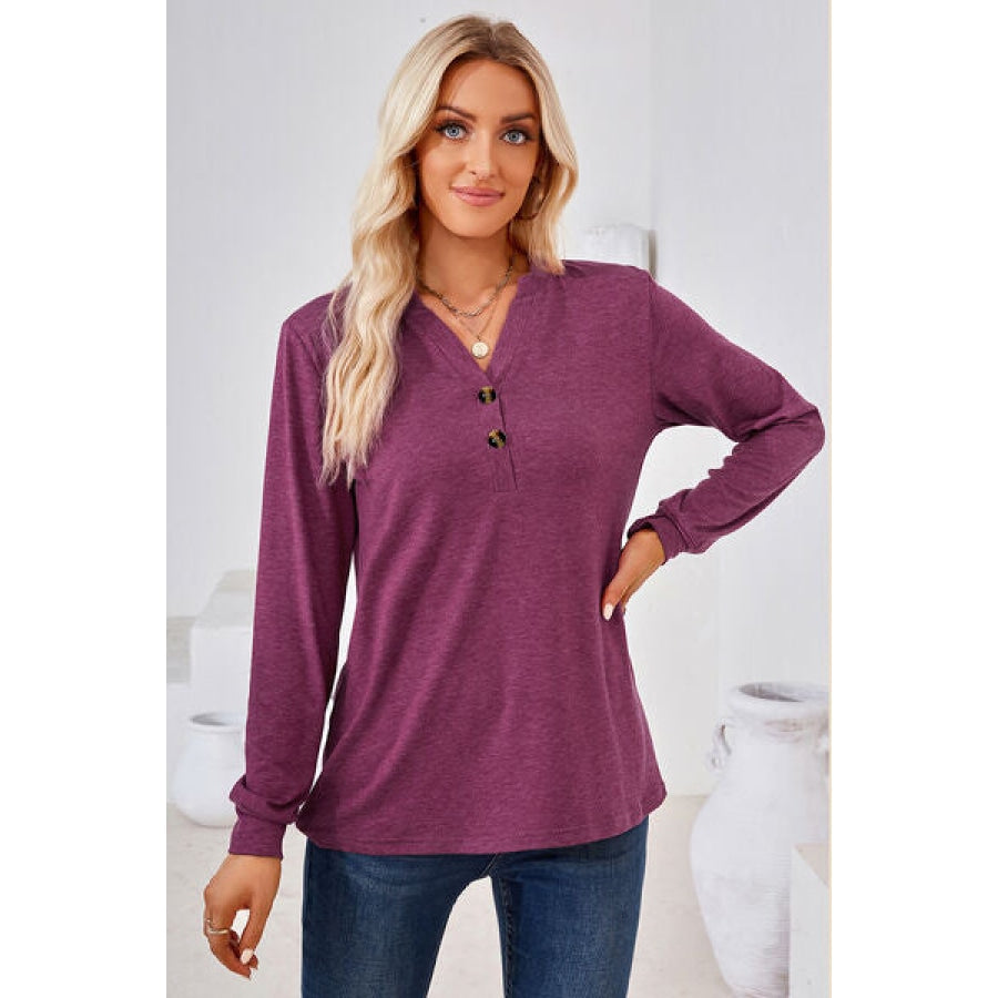 Notched Button Detail Long Sleeve T-Shirt Magenta / S Clothing