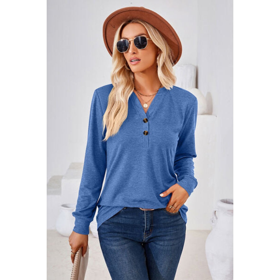 Notched Button Detail Long Sleeve T-Shirt Sky Blue / S Clothing