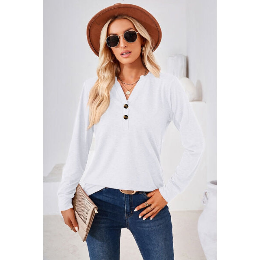 Notched Button Detail Long Sleeve T-Shirt White / S Clothing