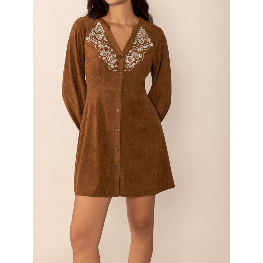 Notched Button Down Long Sleeve Mini Dress Apparel and Accessories