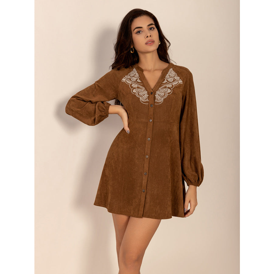 Notched Button Down Long Sleeve Mini Dress Apparel and Accessories