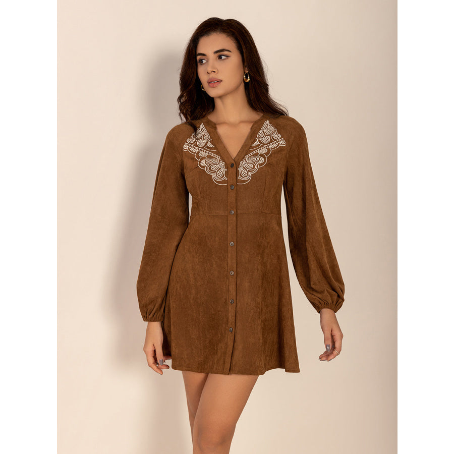 Notched Button Down Long Sleeve Mini Dress Apparel and Accessories