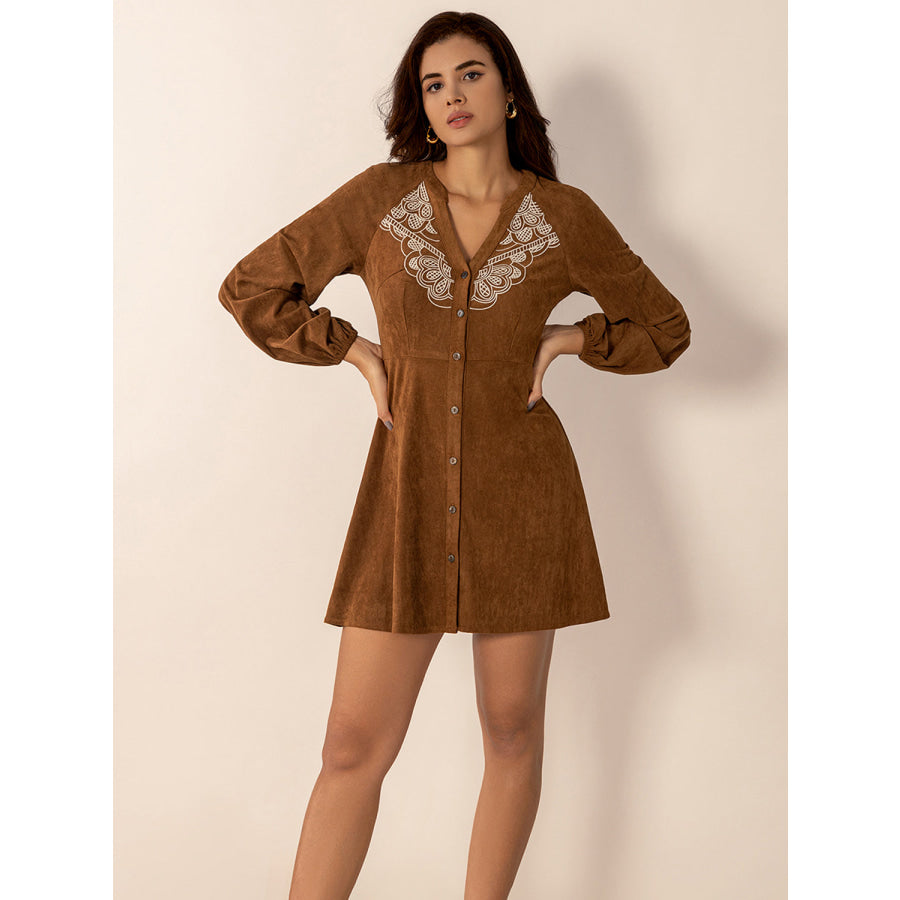 Notched Button Down Long Sleeve Mini Dress Caramel / S Apparel and Accessories