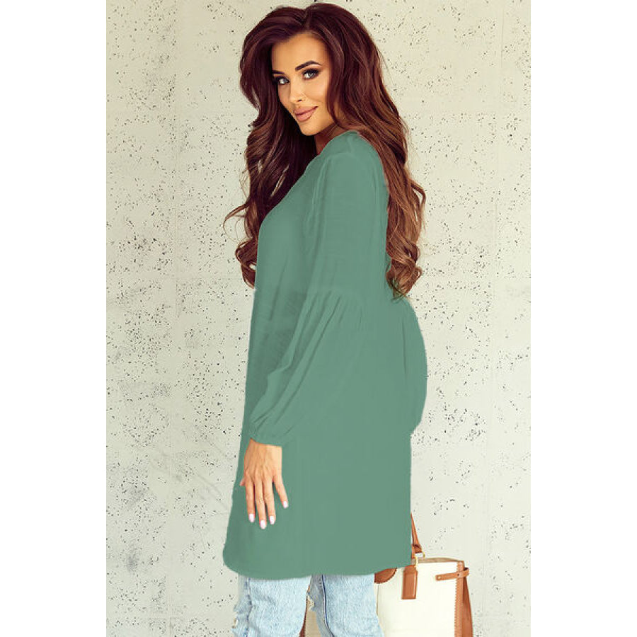 Notched Button Up Balloon Sleeve Longline Top Apparel and Accessories