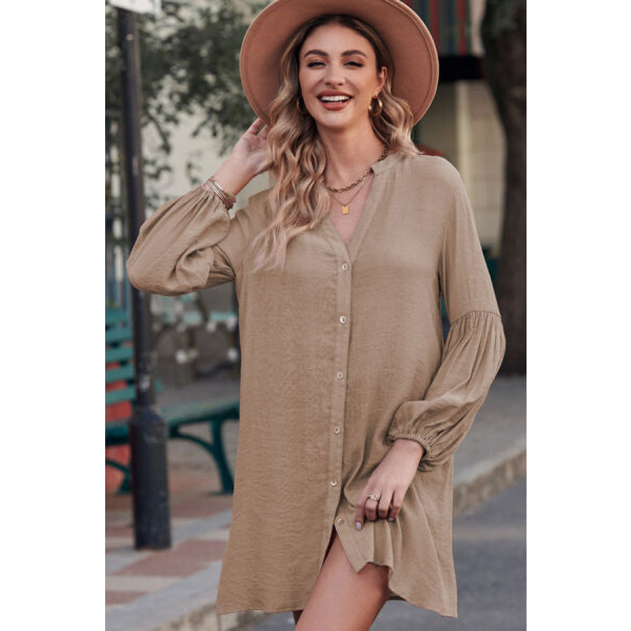 Notched Button Up Balloon Sleeve Longline Top Apparel and Accessories