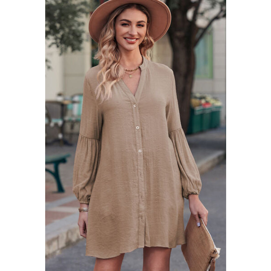 Notched Button Up Balloon Sleeve Longline Top Apparel and Accessories