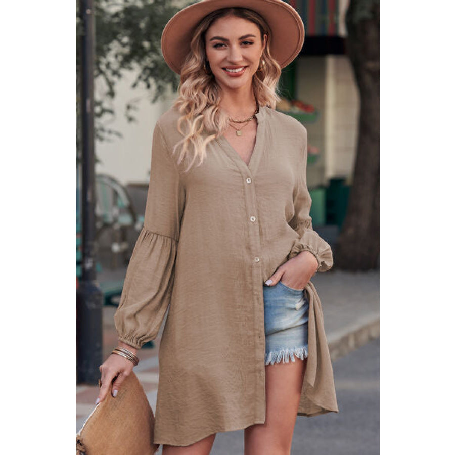 Notched Button Up Balloon Sleeve Longline Top Khaki / S Apparel and Accessories