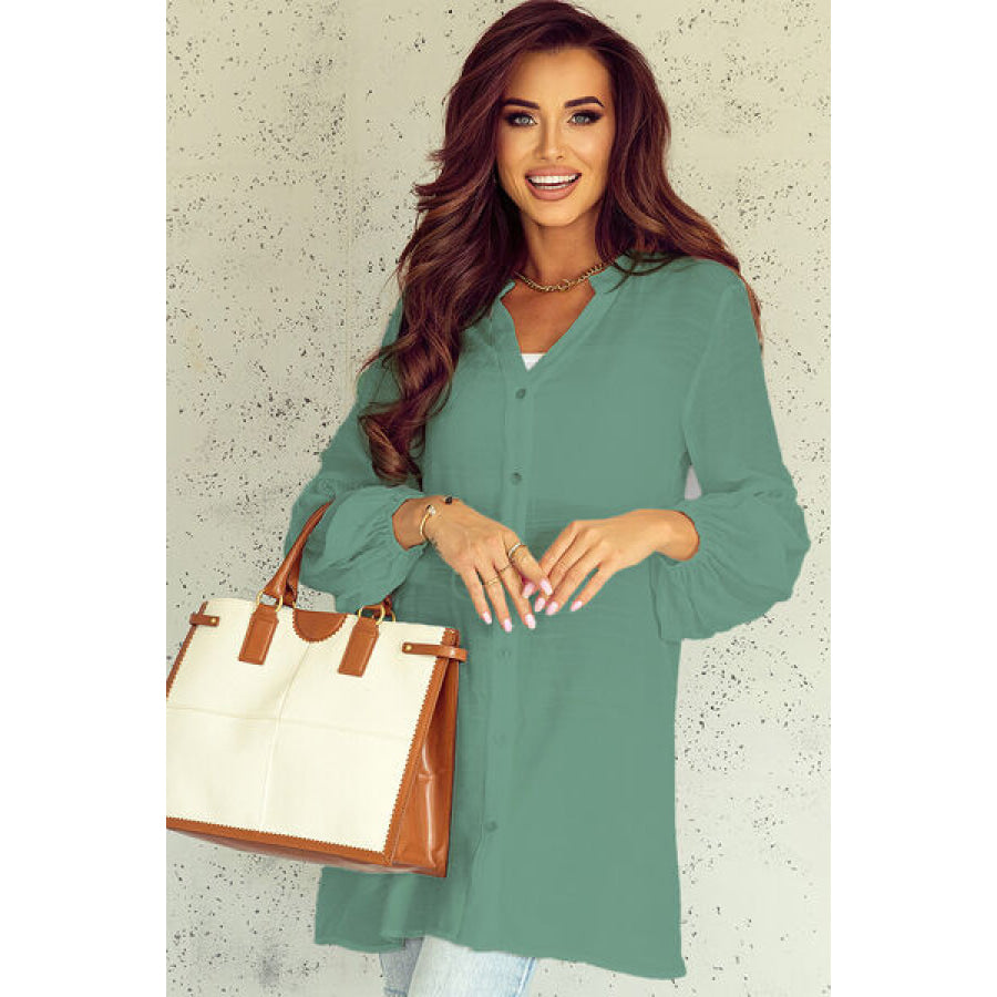 Notched Button Up Balloon Sleeve Longline Top Sage / S Apparel and Accessories