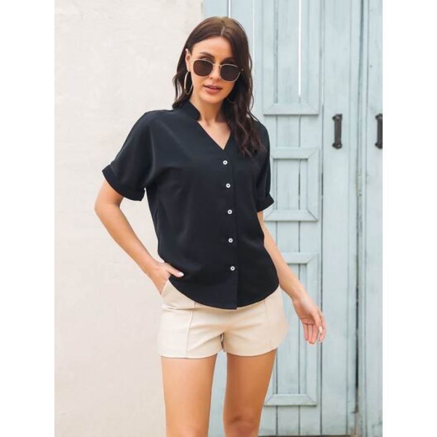 Notched Button Up Short Sleeve Shirt Clothing