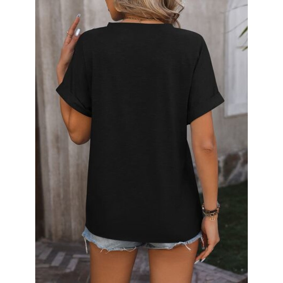 Notched Buttoned Short Sleeve T-Shirt Apparel and Accessories