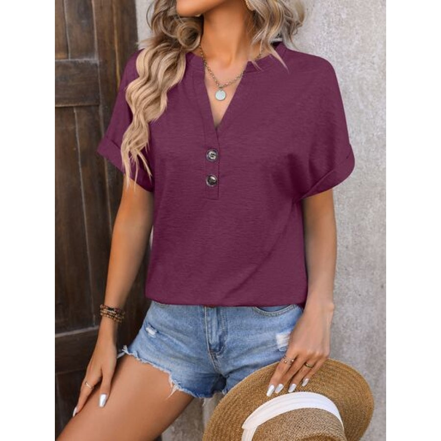 Notched Buttoned Short Sleeve T-Shirt Apparel and Accessories