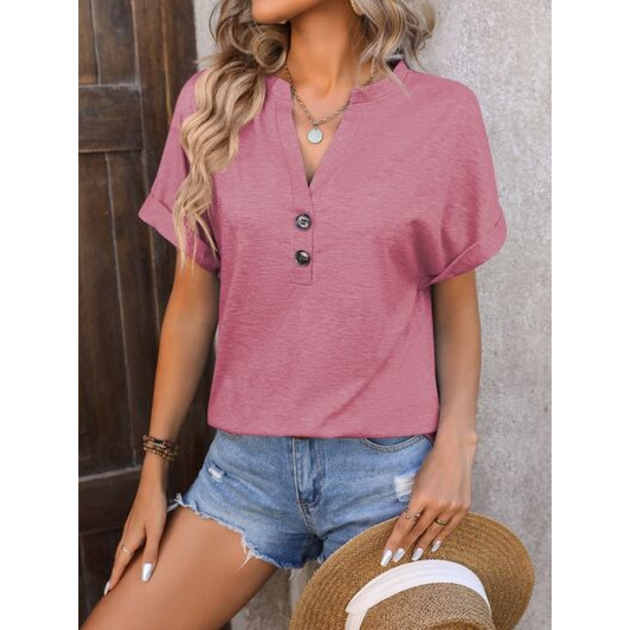 Notched Buttoned Short Sleeve T-Shirt Apparel and Accessories