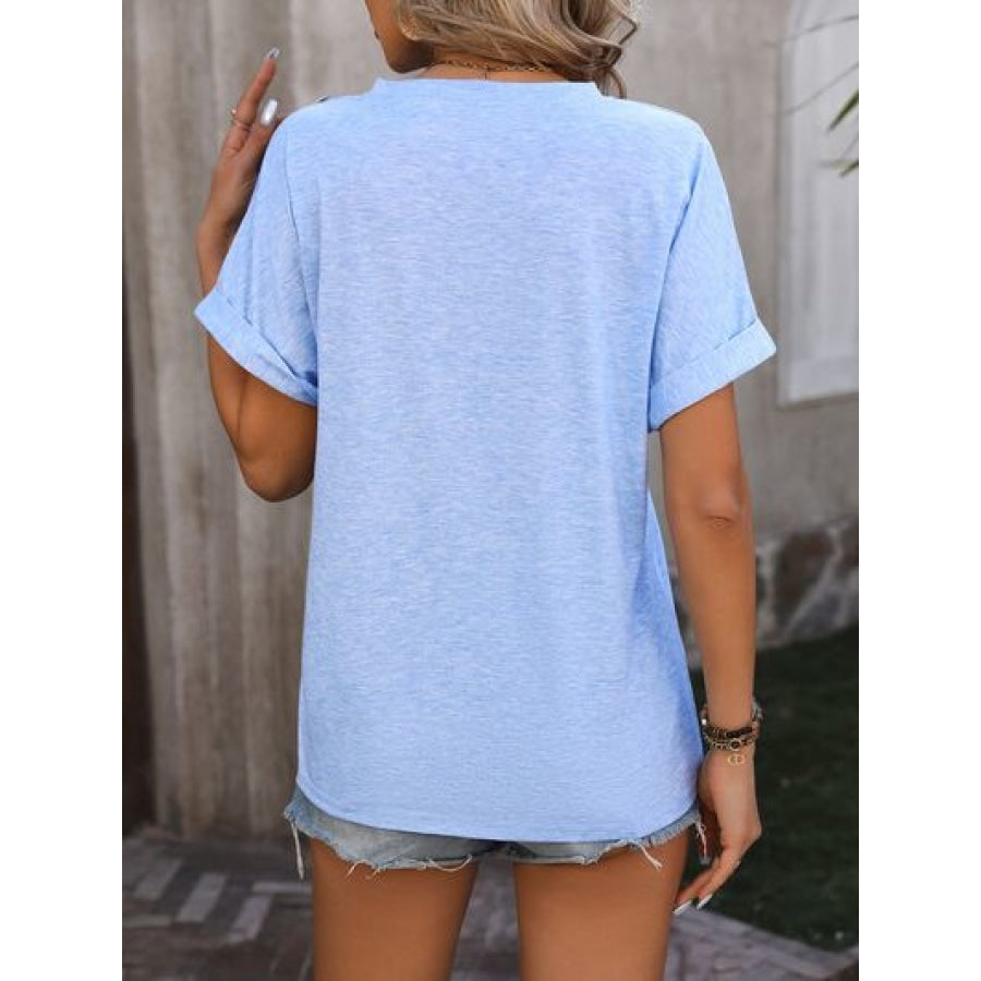 Notched Buttoned Short Sleeve T-Shirt Apparel and Accessories