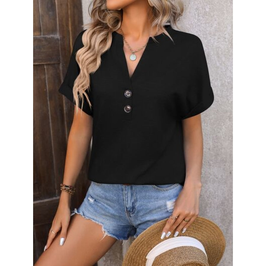 Notched Buttoned Short Sleeve T-Shirt Apparel and Accessories