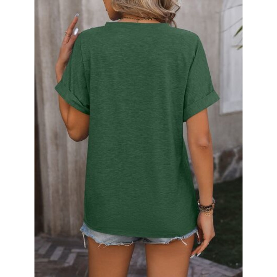 Notched Buttoned Short Sleeve T-Shirt Apparel and Accessories