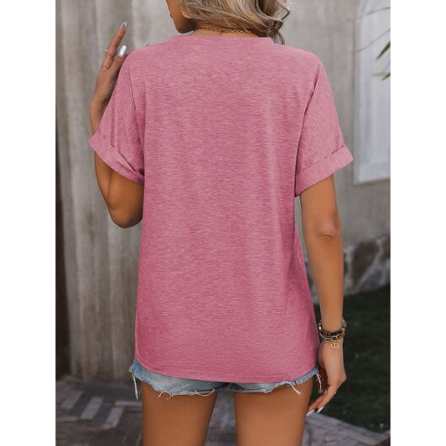 Notched Buttoned Short Sleeve T-Shirt Apparel and Accessories