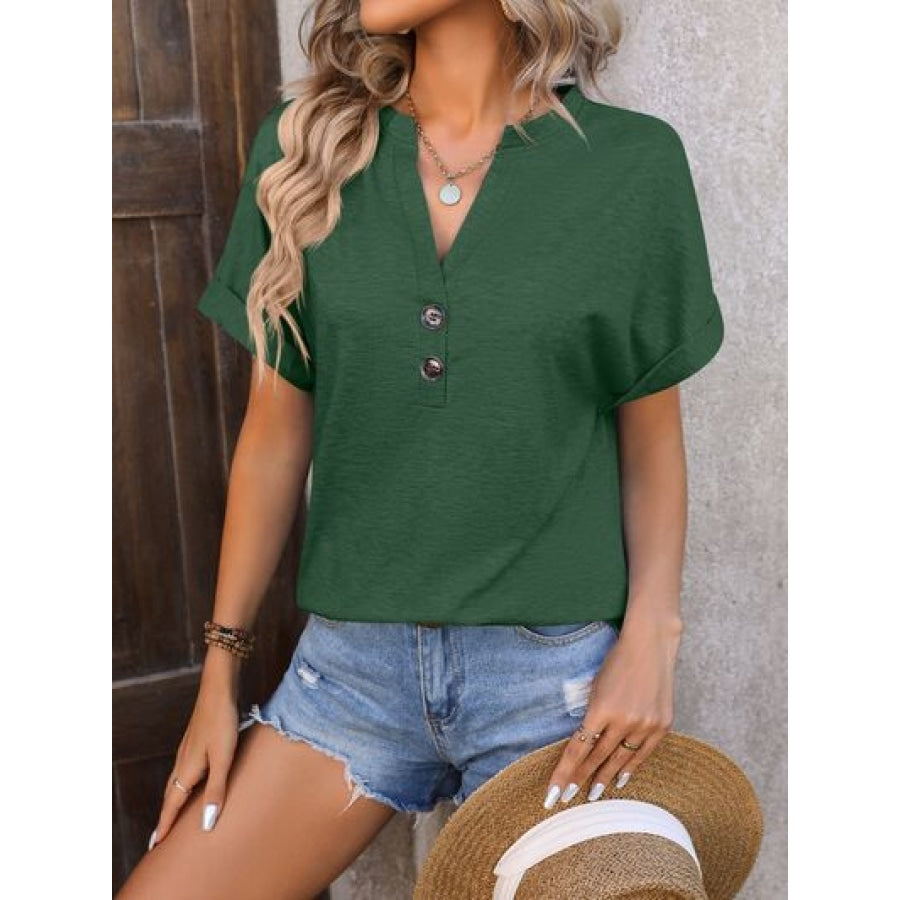 Notched Buttoned Short Sleeve T-Shirt Green / S Apparel and Accessories