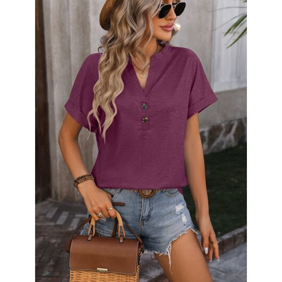 Notched Buttoned Short Sleeve T-Shirt Plum / S Apparel and Accessories