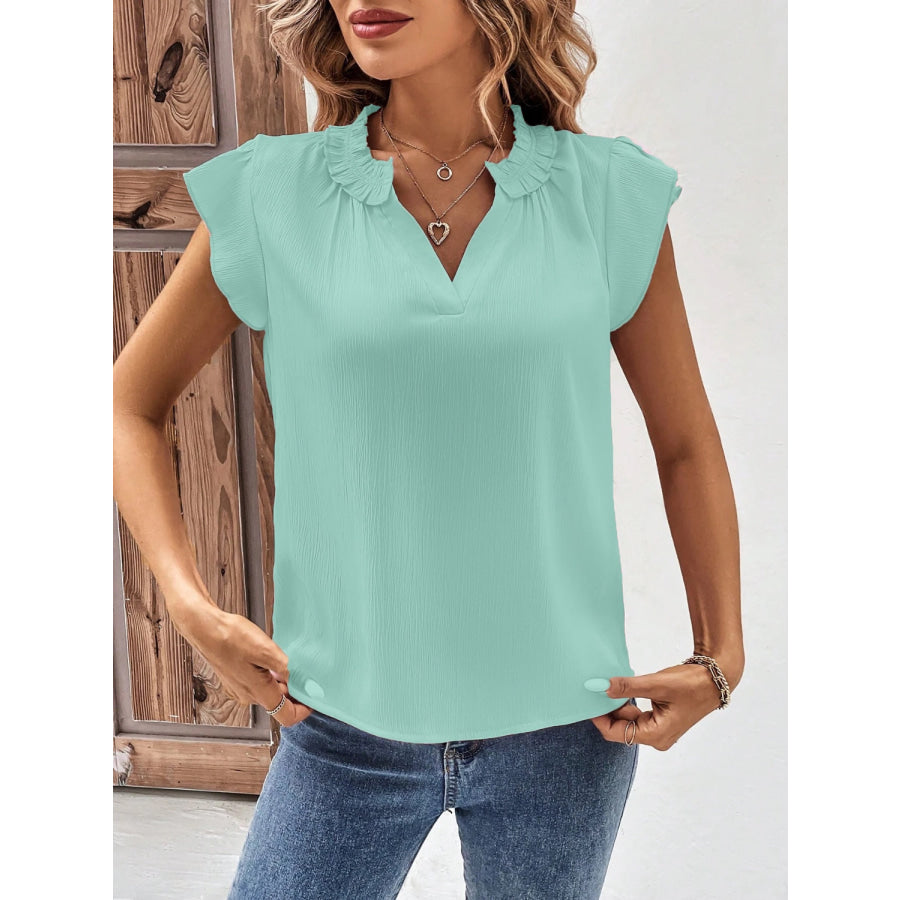 Notched Cap Sleeve Blouse Apparel and Accessories