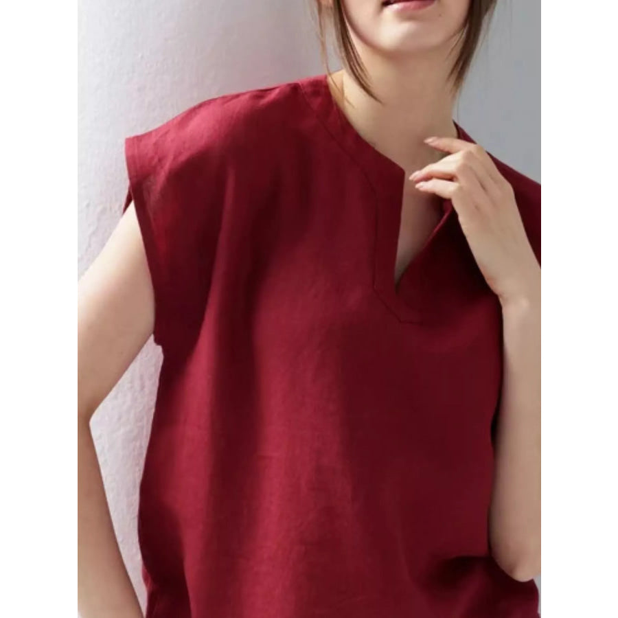 Notched Cap Sleeve Blouse Apparel and Accessories