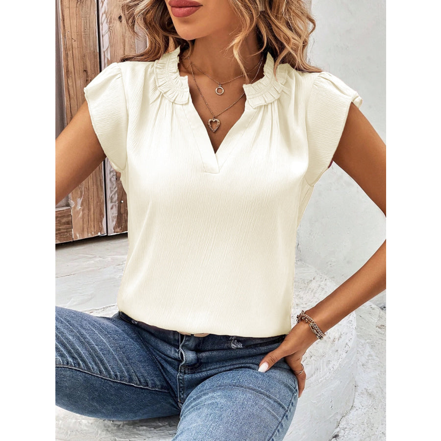 Notched Cap Sleeve Blouse Apparel and Accessories