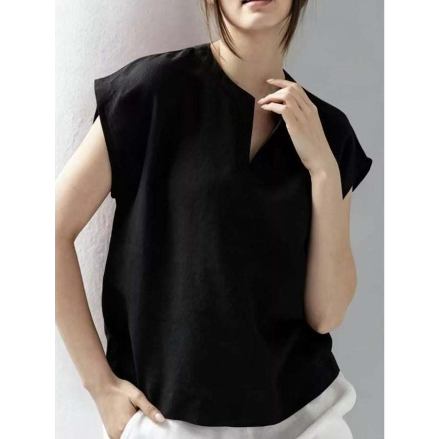 Notched Cap Sleeve Blouse Black / S Apparel and Accessories