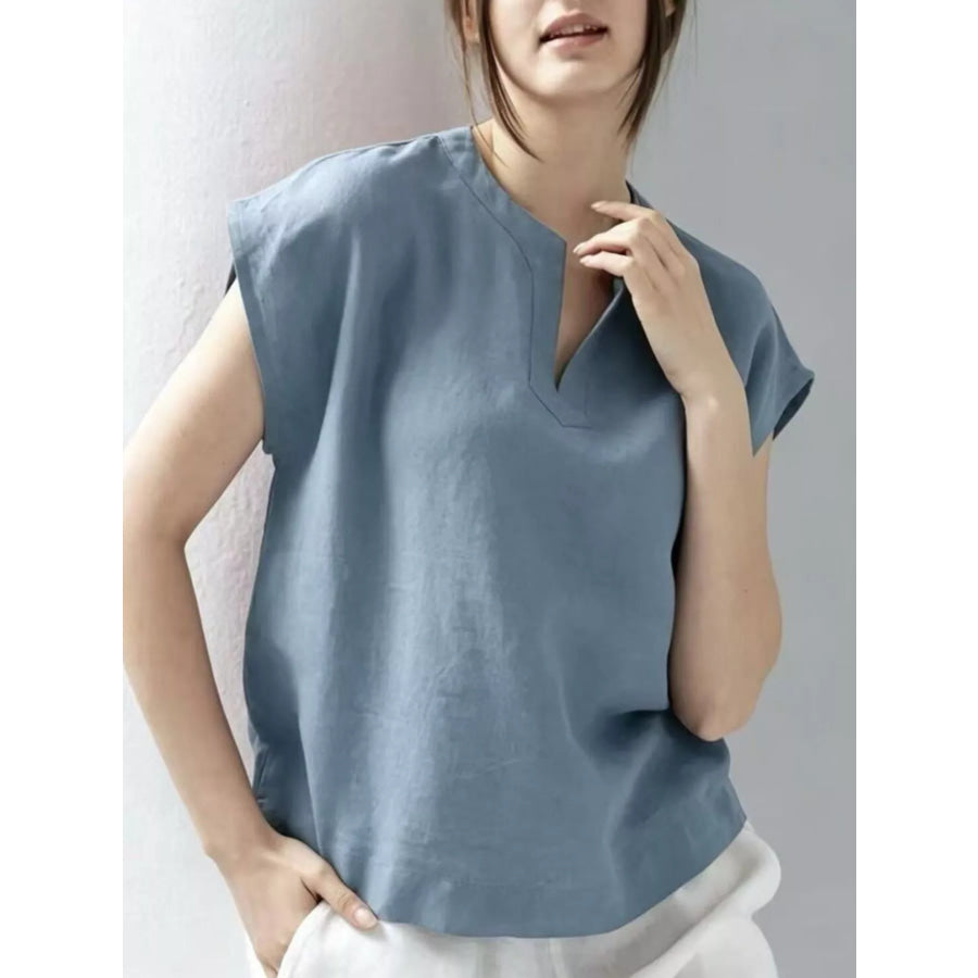Notched Cap Sleeve Blouse Blue / S Apparel and Accessories