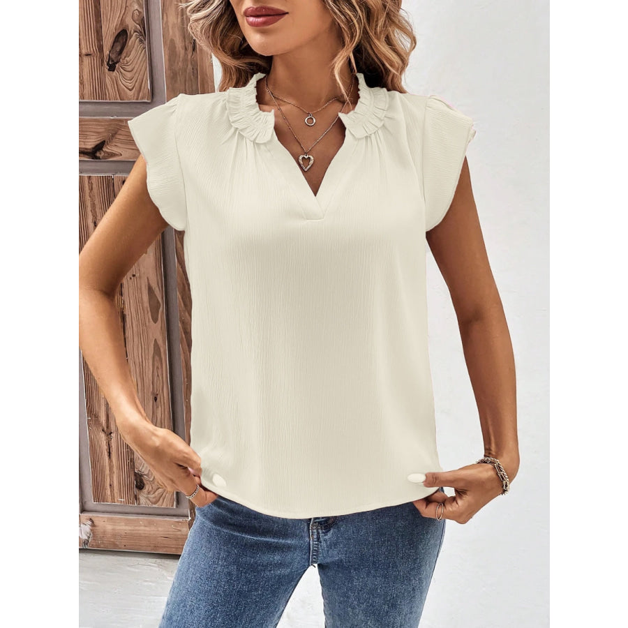 Notched Cap Sleeve Blouse Cream / S Apparel and Accessories