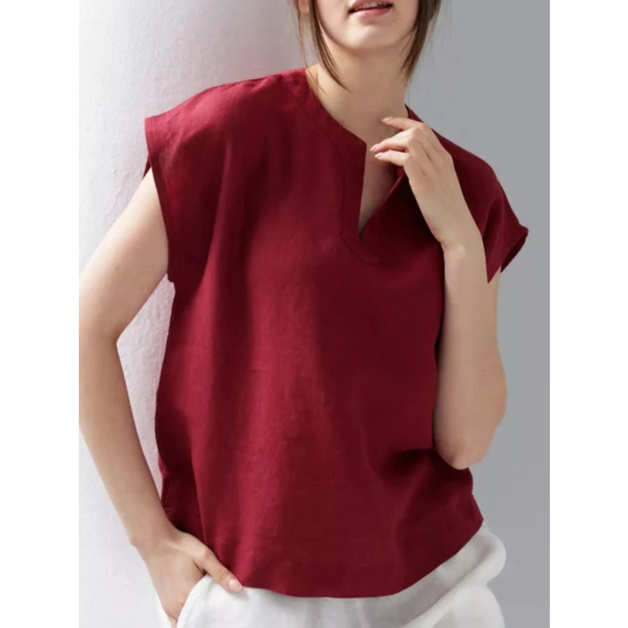 Notched Cap Sleeve Blouse Red / S Apparel and Accessories