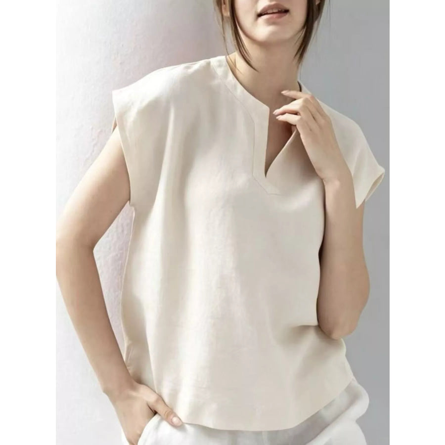 Notched Cap Sleeve Blouse White / S Apparel and Accessories