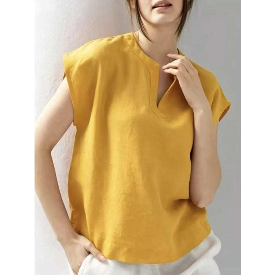 Notched Cap Sleeve Blouse Yellow / S Apparel and Accessories