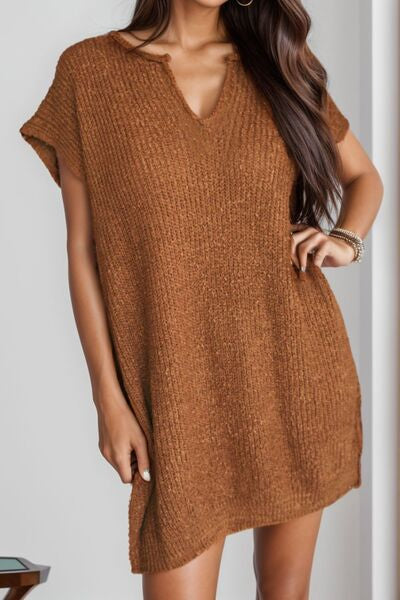 Notched Cap Sleeve Mini Sweater Dress Caramel / S Apparel and Accessories